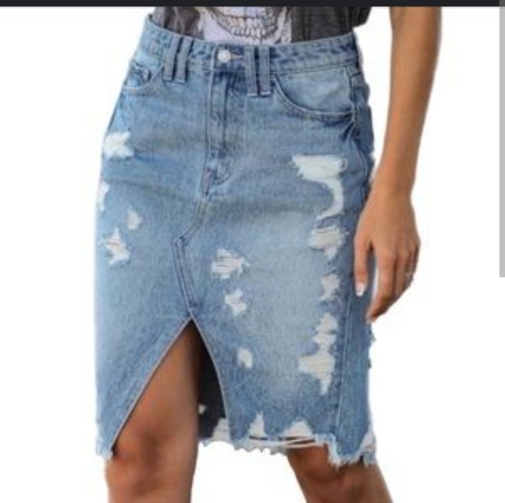 VERVET BY FLYING MONKEY Distressed Denim Pencil Skirt